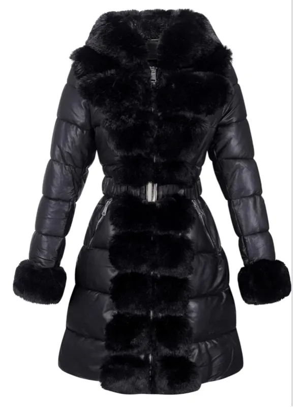 NEW Vegan Leather Winter Fur Lined Coat puffer Jacket Fur Trim Hooded S $140 - Image 2