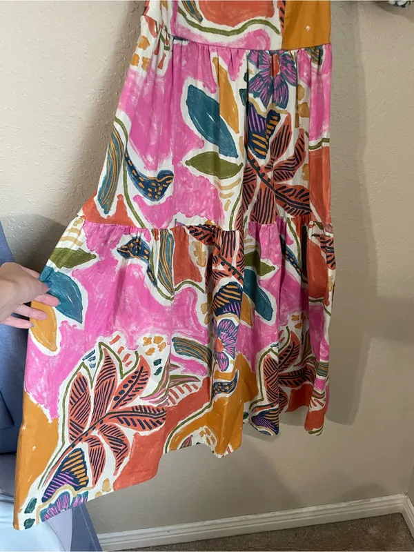 Vibrant Tropical Abstract Print Puff Sleeve Tiered Dress Square Neck Size XS - Image 8