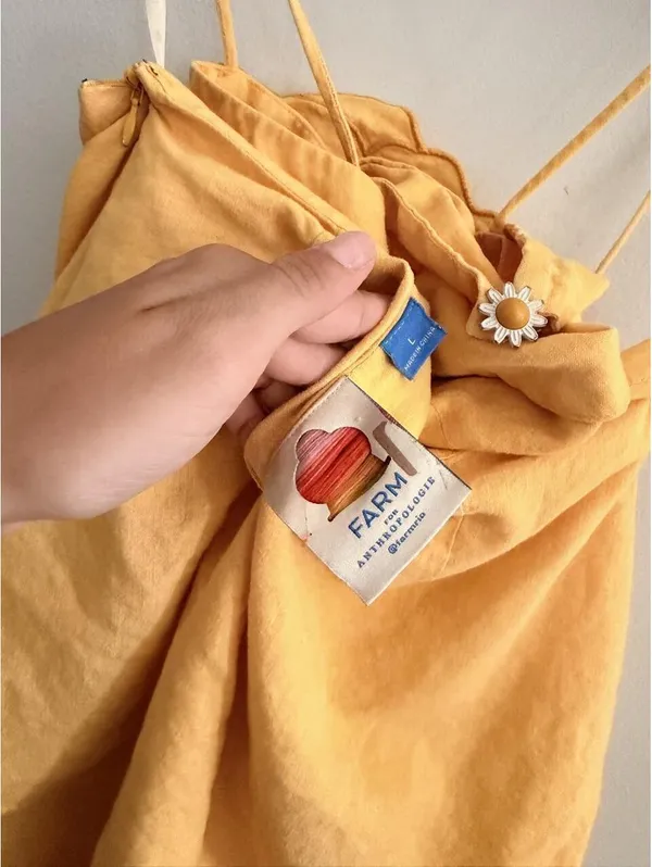Farm Rio 3D Floral Tiered Midi Dress Yellow Cutout Linen Blend - Image 6