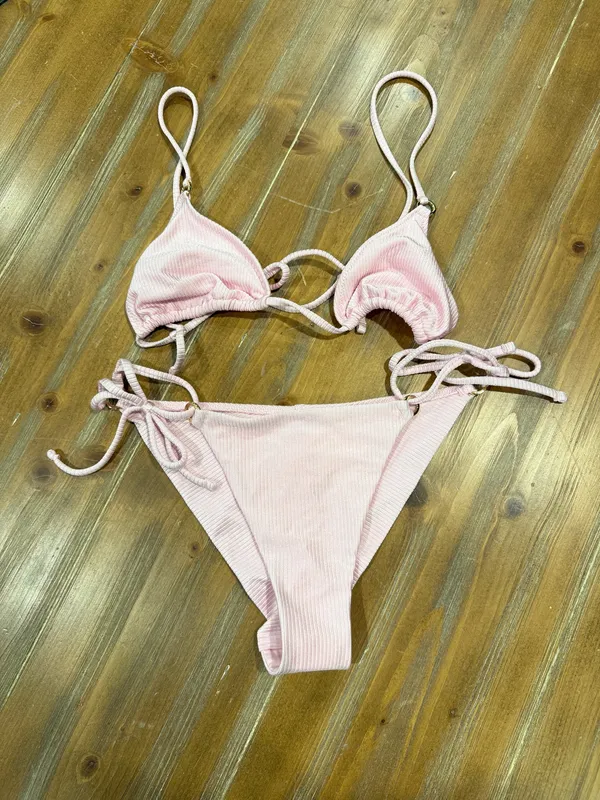 Aerie Shine Rib Bikini Swim Set Medium String Triangle Top & Bottom Pink NWT - Image 3