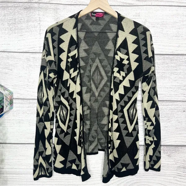 Say What? Black & Cream Aztec Open Front Cardigan Sweater Size Large Southwest - Image 2