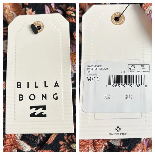 Billabong New Blouson Dress Deep V-neck Long Sleeve Black Floral Women’s Size M - Image 10
