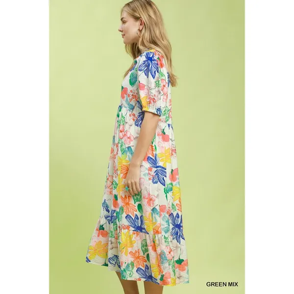 Umgee Watercolor Floral Tiered Midi Dress - Green Mix - Medium - Image 2