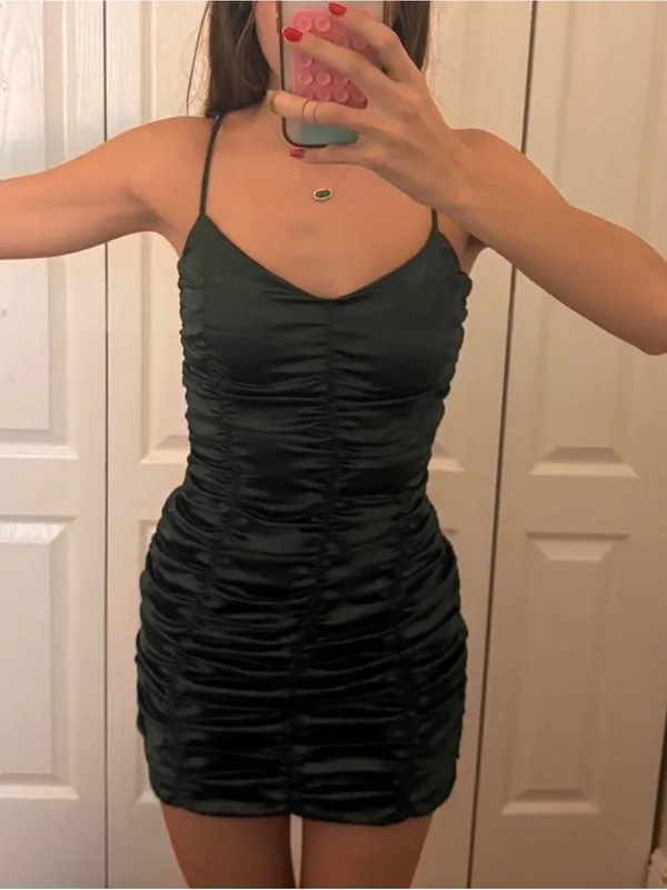 Lucy in the Sky Satin Ruched Dress in Deep Green - Image 2