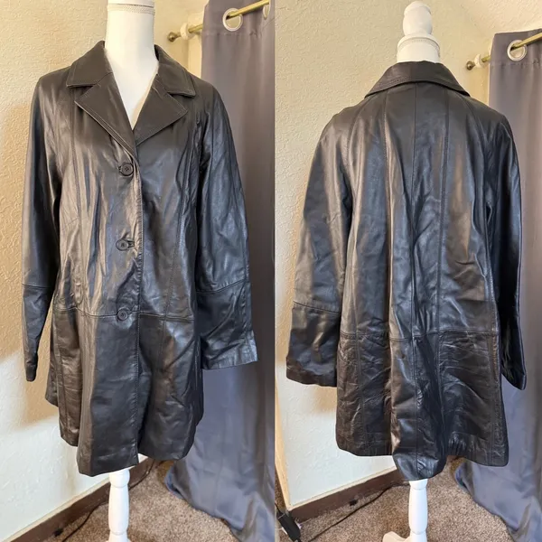 Centigrade Leather Coat women‎ L Black Floral Lining Mid Length Jacket vintage - Image 6