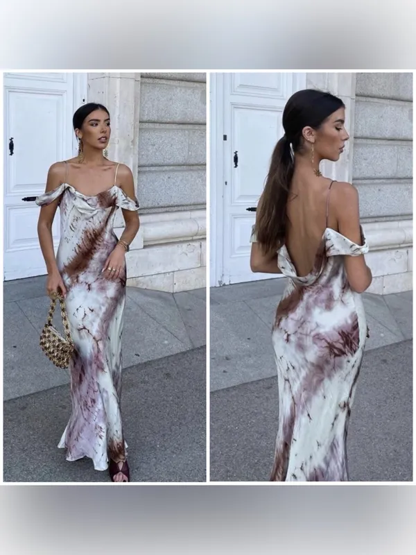 NWT- ZARA Satin Tie-Dye Maxi Slip Dress Off Shoulder Purple Cream Sz XL - Image 2