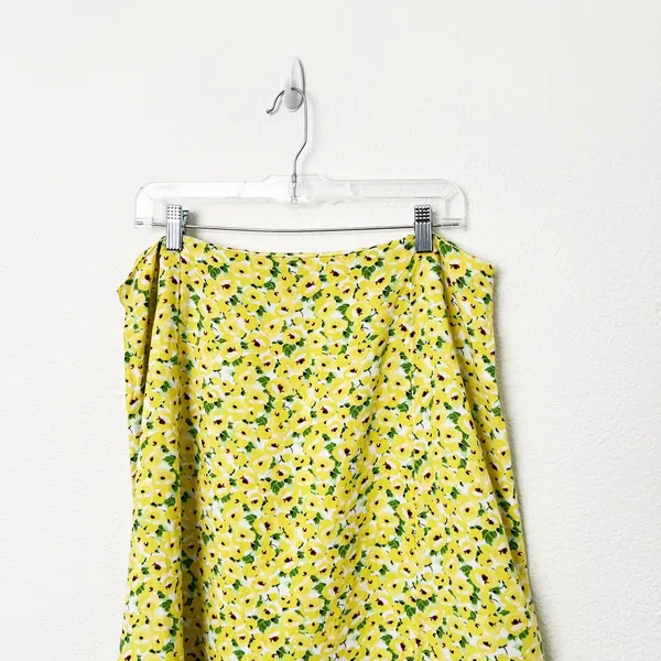[LOFT] Yellow Floral Print Linen Blend High Waist Side Slit Midi Skirt Size 14 - Image 4