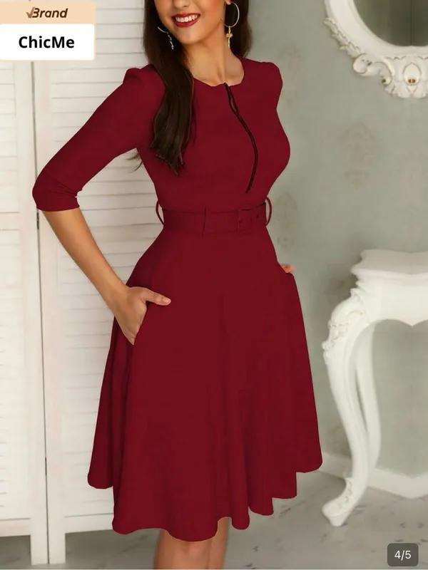 ChicMe Burgundy Belted Midi Dress with Front Zip Detail - Image 2