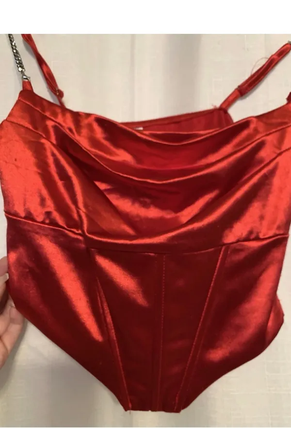 Red Satin Cowl Cami Top With Rhinestone Straps Size Small - Image 2