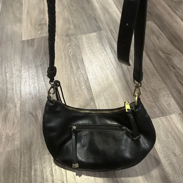 Anthropologie Black Faux Leather Hobo Bag with Metallic Hardware - Image 7