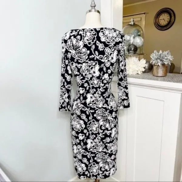 Ralph Lauren Floral Ruched Sheath Dress Black & White 2 XS - Image 5