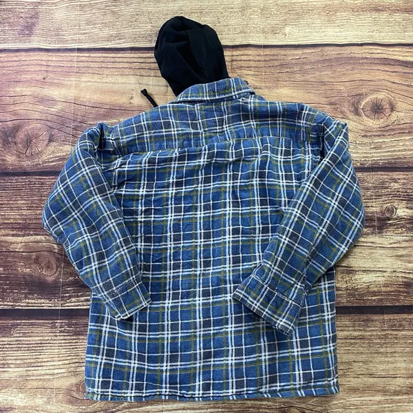 Grit Iron Workwear M Button Up Sherpa Lined Flannel Hooded Jacket Blue - Image 3