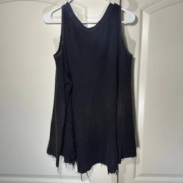 FREE PEOPLE Sunrise Cold Shoulder Waffle Knit Pullover‎ Sweater Black Gray Raw M - Image 5