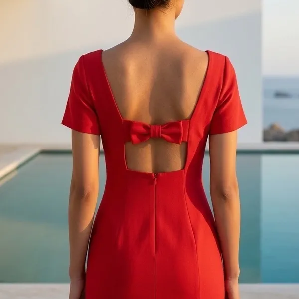 Maeve Anthropologie Red Bow Back Open Back Shift Mini Dress Sz 10 Short Sleeve - Image 2