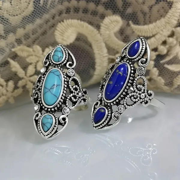 Pretty Boho Turquoise Dark Blue Statement Ring Carved Out Hollow Stone Sz 6 - Image 2