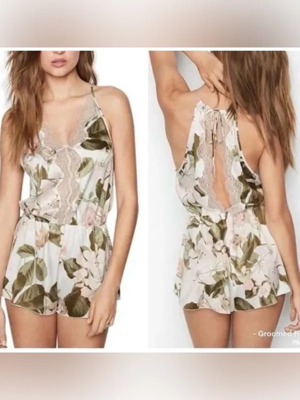 Victoria's Secret Floral Lace-Trim Satin Romper - Pink & Green - Image 2
