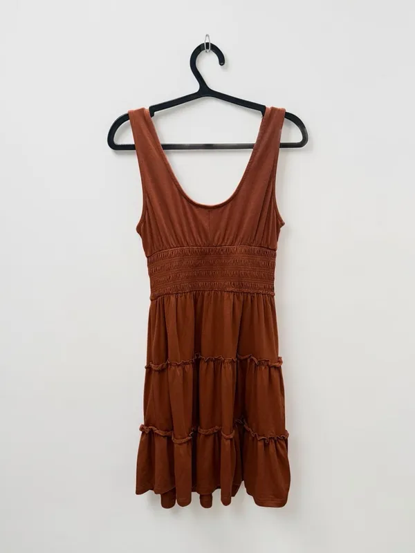 Dokotoo Rust Sleeveless Button Front Smocked Waist‎ Tiered Mini Dress Size XS - Image 2