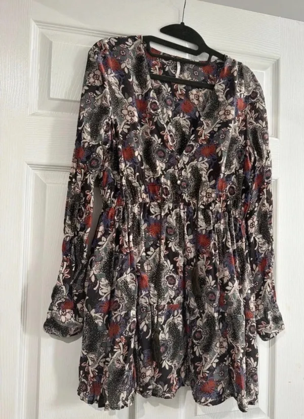 Free People Stealing Fire Black Floral Long Sleeve Drawstring Mini Dress - Image 4