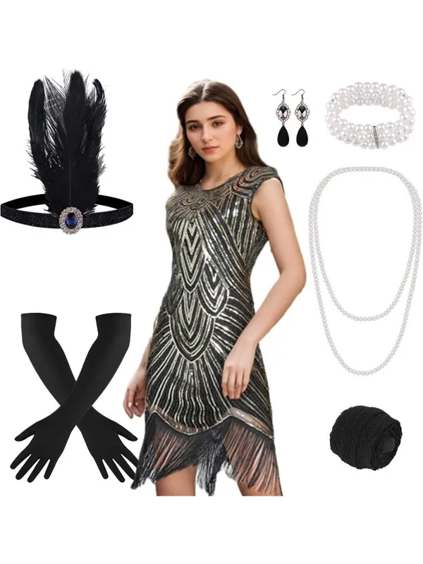 1920 Gold Sequin Fringed Gatsby Flapper Cocktail Dress Costume Accessories LARGE - Image 2