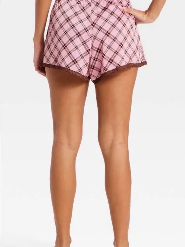 Wild Fable Satin Boxer Pajama Shorts brown/pink plaid with lace trim - Image 5