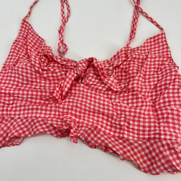 Dress Forum red & white gingham print crop tank top front bow knot ruffle medium - Image 4