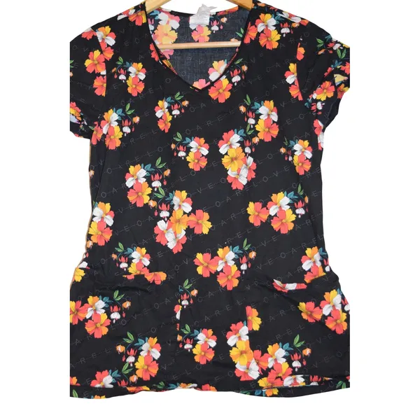 Dickies Scrub Top Women Small Black Floral V-Neck Short Sleeve Front‎ Pockets - Image 2