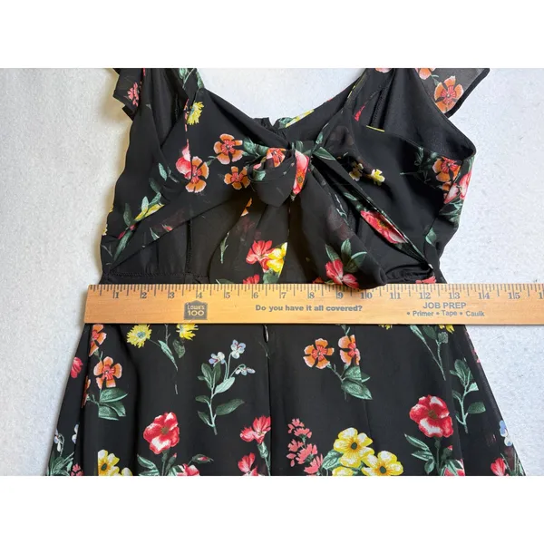 Forever 21 Contemporary Black Floral Maxi Dress Ruffle Tie Back Slit Small - Image 11
