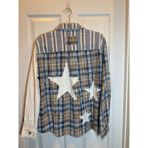 Easel Mixed Media Patchwork Plaid Striped Star Button Down Shirt Blue Size Small - Image 5