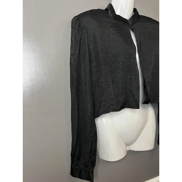 Handmade Cropped Jacket Womens Medium Black Textured Stripe Bolero Satin Collar Lined - Image 2