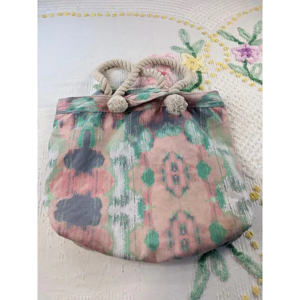 Abstract Beach Tote Bag Rope Handles‎ Turquoise Lining Travel Shopper - Image 3