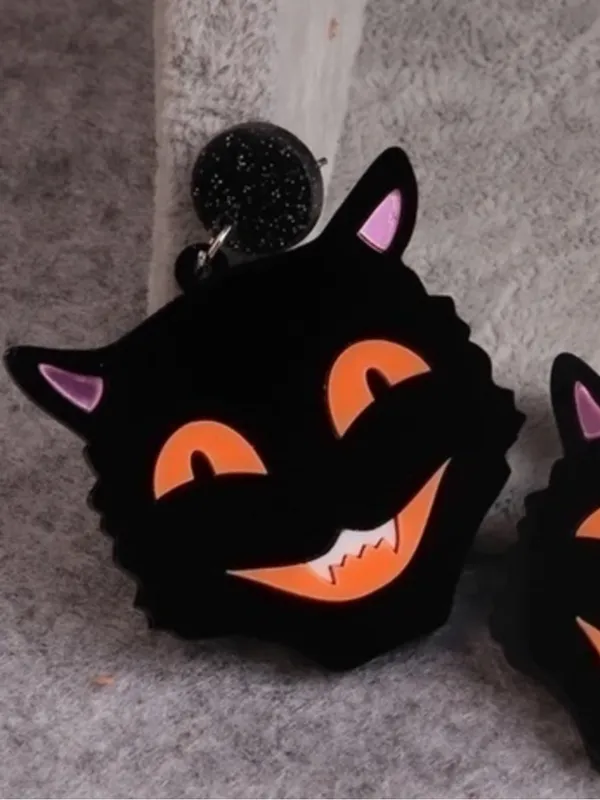 NEW Halloween Black Cat Acrylic Dangle Earrings Glitter Retro Goth Spooky Cute - Image 2