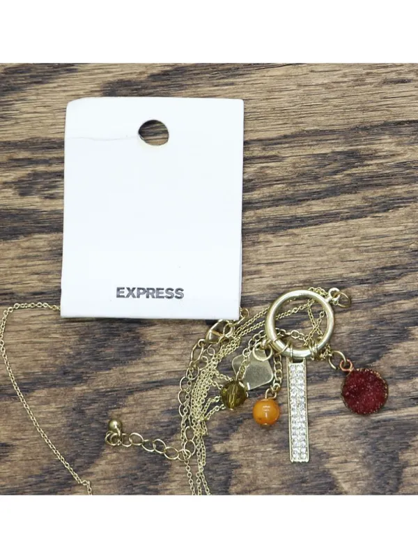 NWT Express Cluster Geode Bead Rhinestone Pendant Necklace Gold / Red 31" + 3" - Image 2