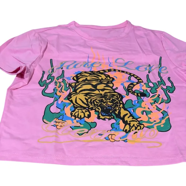 Pink Graphic Baby Tee Size Women's L Y2K Tiger Top NWOT - Image 2