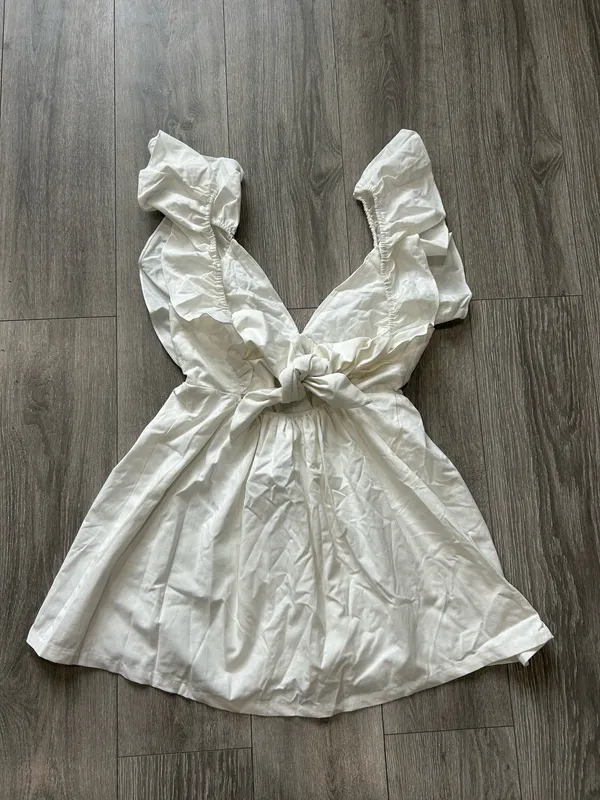 Showpo Raiza Mini Dress Ruffle Sleeve Tie Back Plunge Dress 100% Cotton In Off White! - Image 8