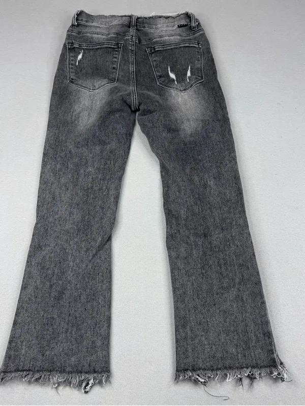 Risen High Rise Crop Flare Jeans 27 Gray Distressed Raw Hem Stretch Y2K - Image 5