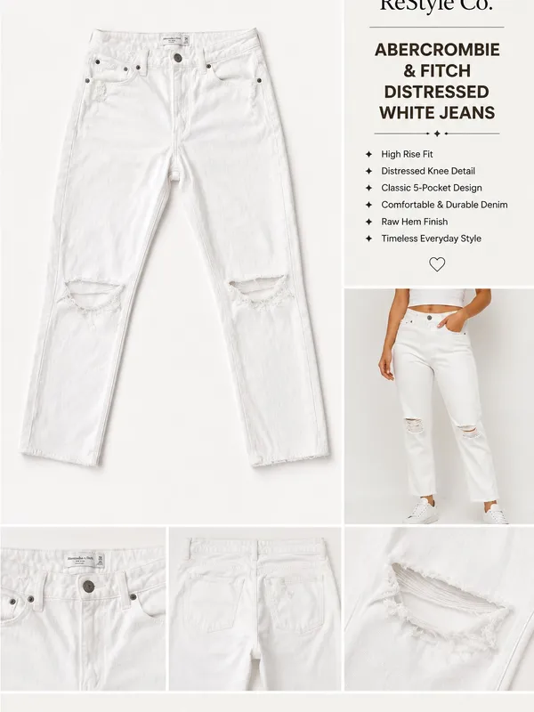 Abercrombie & Fitch White High-Rise Distressed Straight Jeans - Image 2