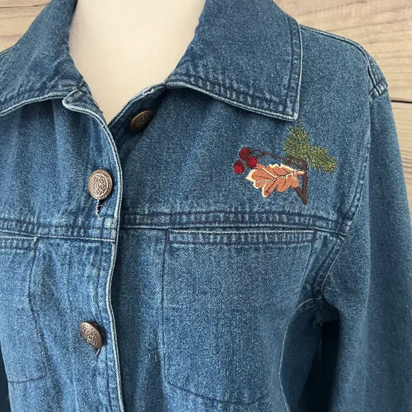 North Crest Vintage Denim Winter Embroidered Button Down Shirt Jacket - Image 2