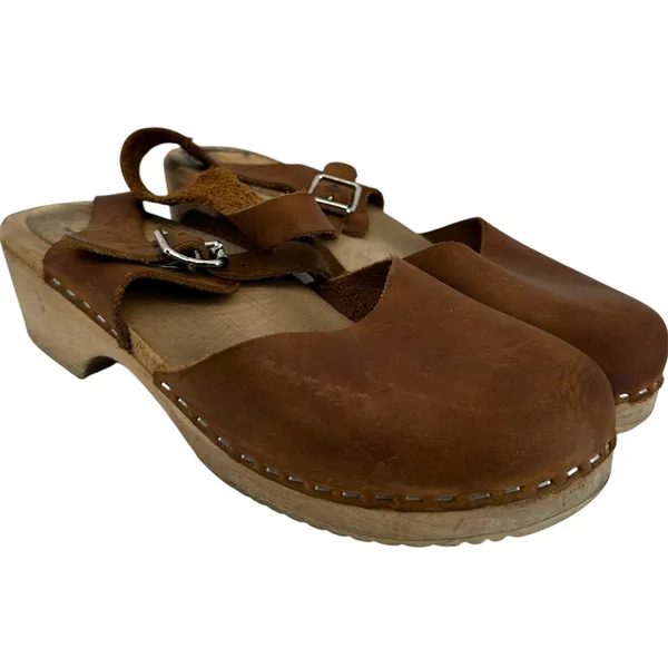 Lotta Highwood Clogs Leather Ankle Strap Heel Closed Toe Wood Cognac Brown 9 - Image 2