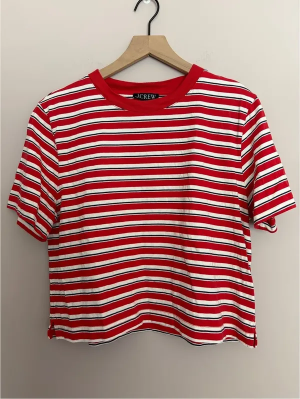 J. Crew Relaxed Premium Weight Cropped T-Shirt Red Stripes Medium - Image 2