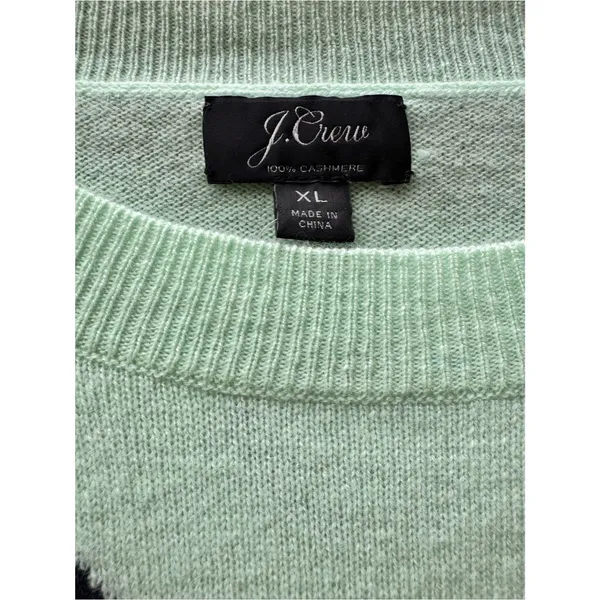 J.Crew 100% Cashmere Heart Print Sweater Mint Green Navy Blue Hearts XL Crewneck - Image 5