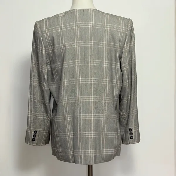 Vintage Worthington Blazer 10P Grey Plaid Double Breasted Collarless V-Neck 90s - Image 5