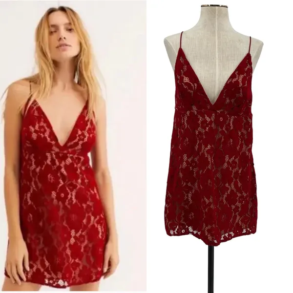 Free People Dangerous Love Lace Mini‎ Dress Red V Neck Low Back US 4 - Image 2