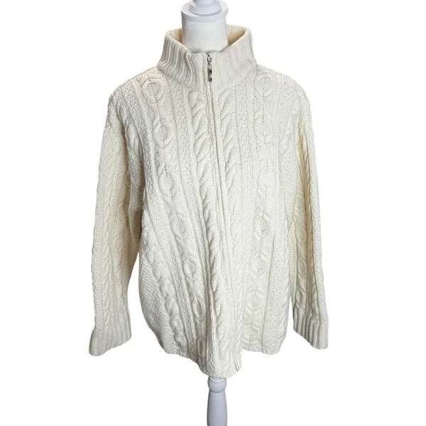 Inis Crafts Ireland Merino Wool Fisherman Cable Knit Zip Sweater Cream Small - Image 2