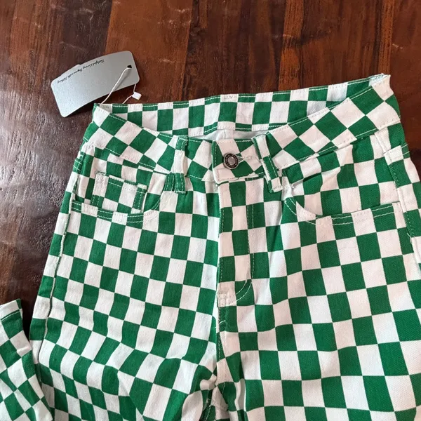 Fashion Green White Checkered Flare Jeans High Waisted Wide Leg Size 2 NEW - Image 9