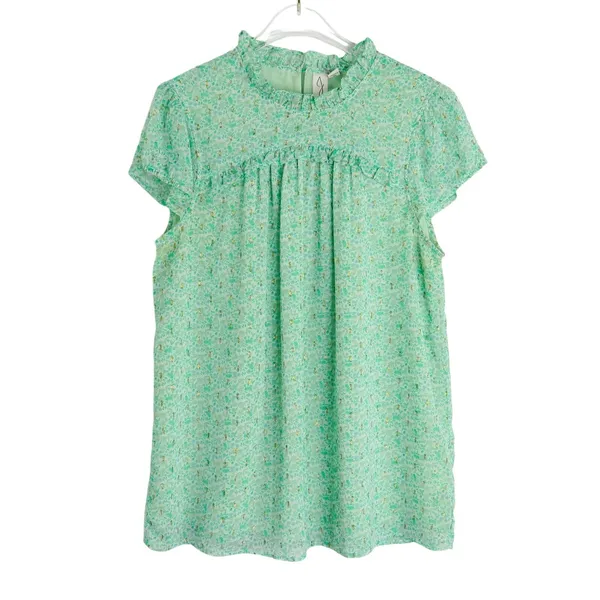 Joie Green Floral Babydoll Blouse with Gold Accents Short Sleeve Medium - Image 3