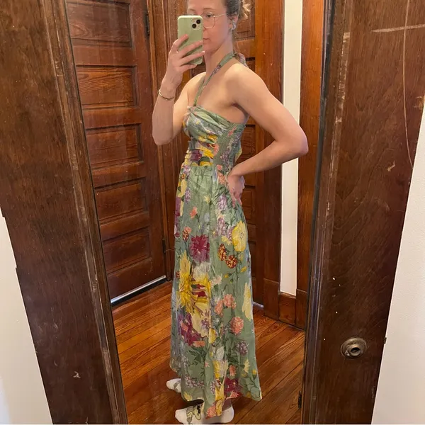 H&M Green Floral Halter Maxi Dress with Yellow & Purple Blooms - Image 5