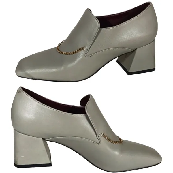 Charles & Keith Gray Leather Block Heel Chain Loafers (36) - Image 3