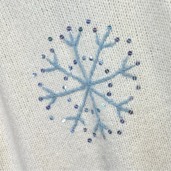 Quacker Factory Snowflake Sweater L Off White Cream Blue Sequins Winter Holiday - Image 2