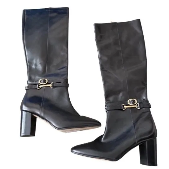 Bruno Magli Adriana Black Leather Tall Boots Gold Hardware Block Heel Italy 8.5 - Image 2
