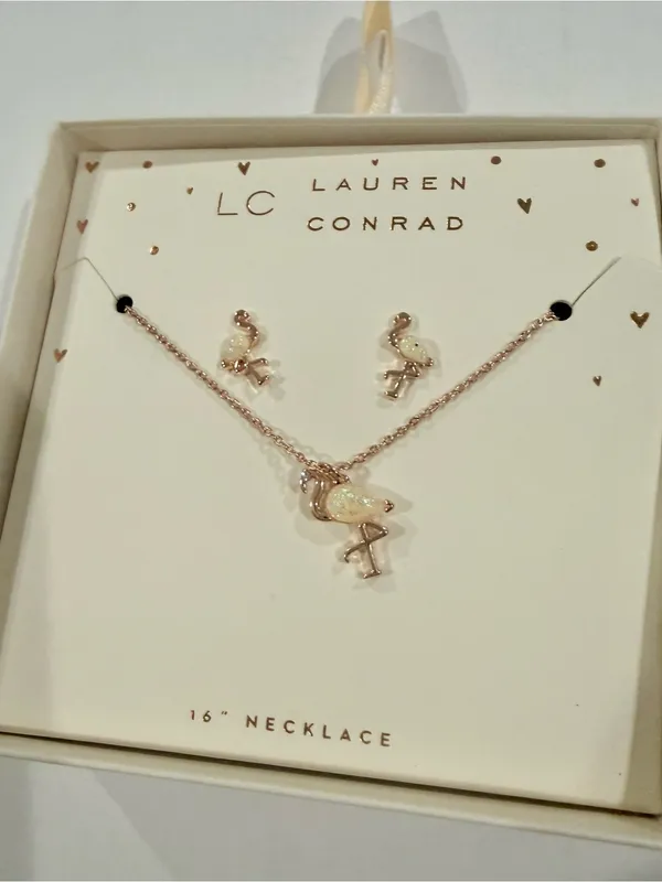 LC Lauren Conrad Rose Gold Flamingo Pendant Necklace Earring gift Set opalite - Image 2